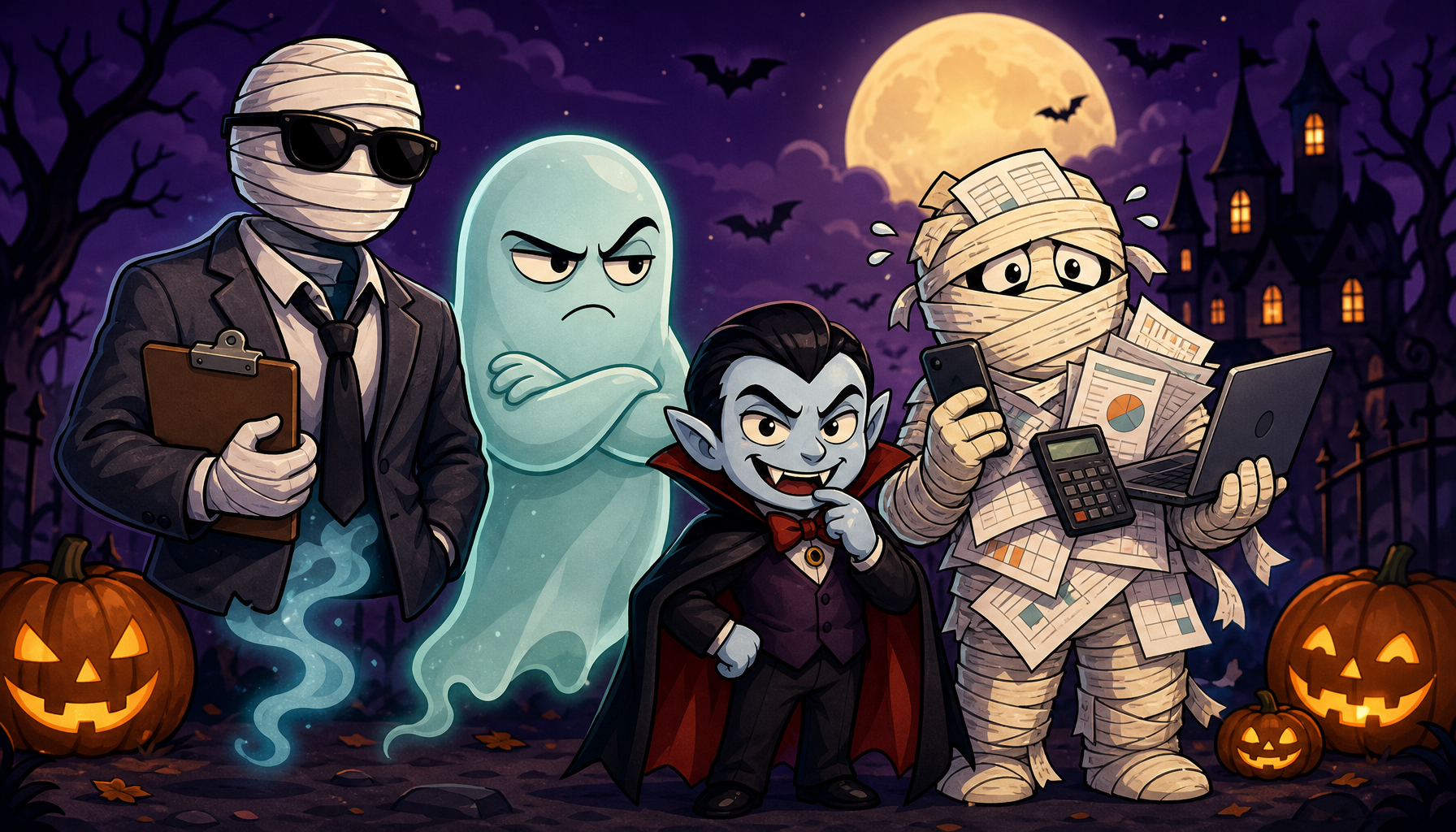 A trupe de Halloween: fantasma recrutador, fantasma mal-humorado, vampiro sorrateiro e múmia enrolada em papelada